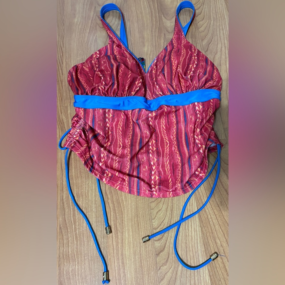 Coogi Australia Plus Size 1XL Swimsuit Red Striped Tankini Top Y2K